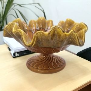 Vtg Ceramic Yellow Drip Crimped Ruffled Compote Bowl Candy Dish Pedestal Rubens